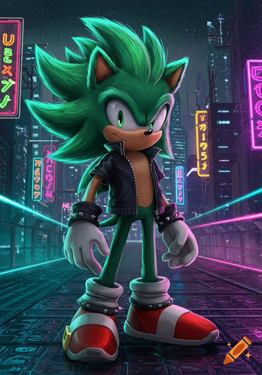 A green Sonic-style hedgehog character in a black leather jacket and spiked bracelets stands on a futuristic street lit by neon signs.