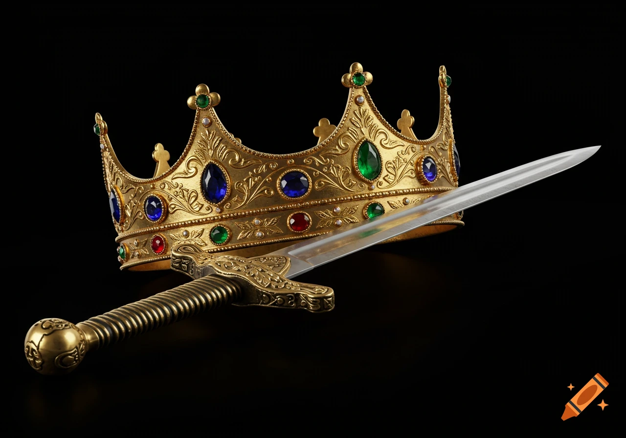 Photorealistic golden crown with colorful jewels and a sword resting on it, against a black background.