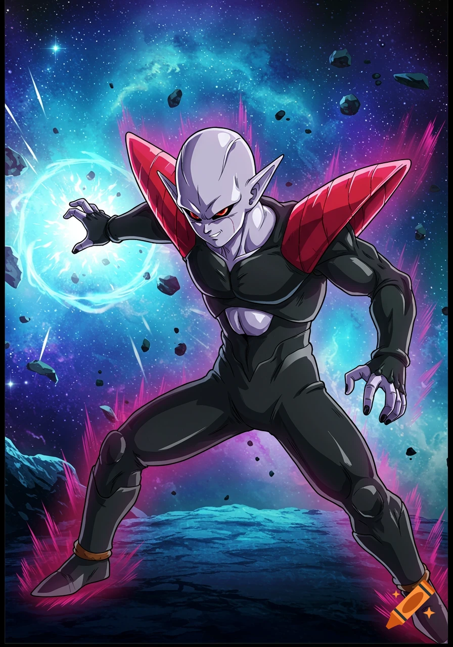 A grey-skinned alien character with red eyes and pointed red shoulder pads in a black suit, standing in space with a blue energy orb.