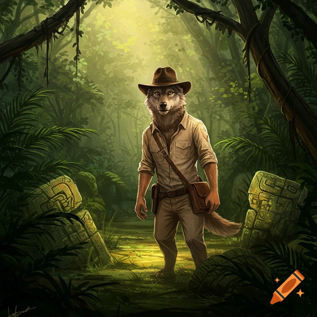 An anthropomorphic wolf in an explorer's outfit stands in a sunlit jungle with ancient ruins.