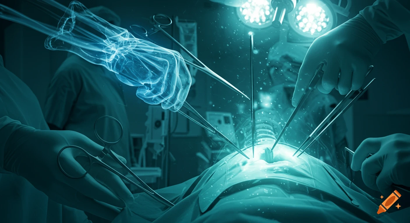 Close-up of a stylized, glowing surgical operation with surgeons' hands and instruments over a patient.