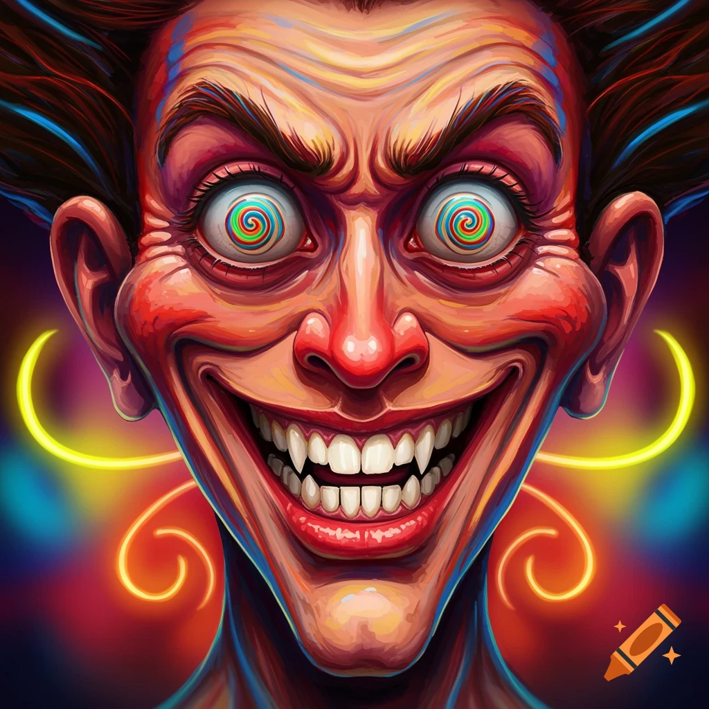 A vibrant, stylized close-up of a crazy, grinning face with wide, swirling hypnotic eyes, sharp teeth, and glowing neon lines.