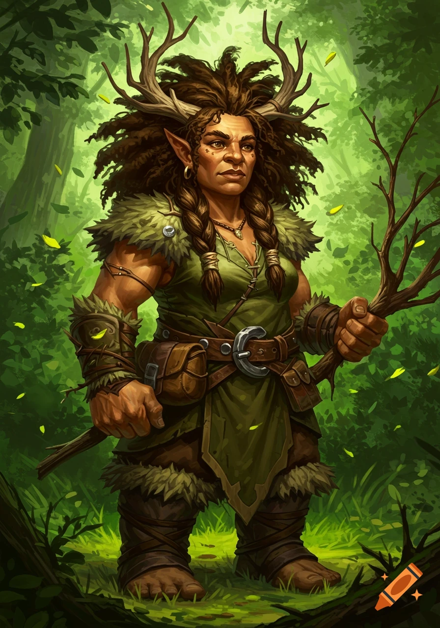 An illustrated female dwarf druid with antlers and wild hair, dressed in green and brown, holding a tree branch in a vibrant green forest.