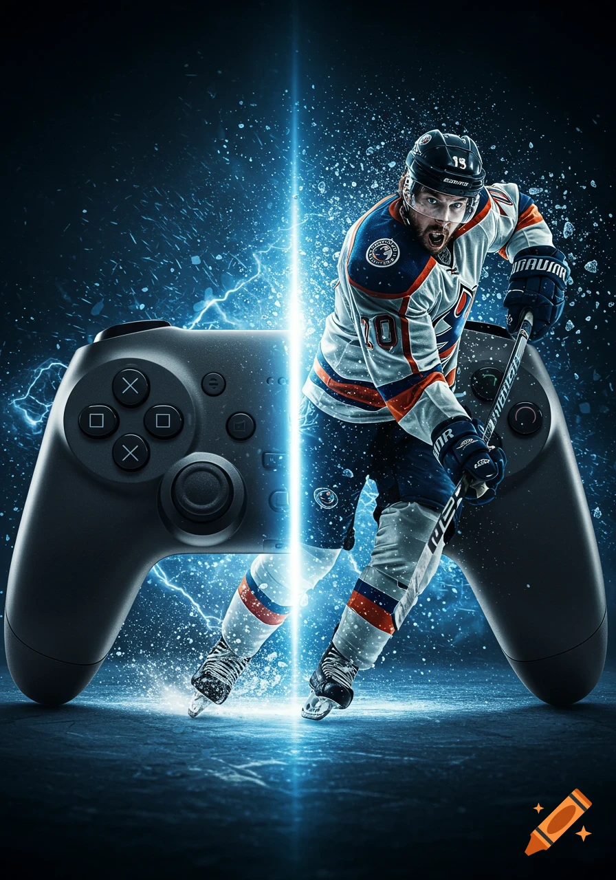 Photorealistic image of a hockey player in a dynamic pose, emerging from a PlayStation-style game controller split by a vertical blue light beam, surrounded by lightning and ice splashes.