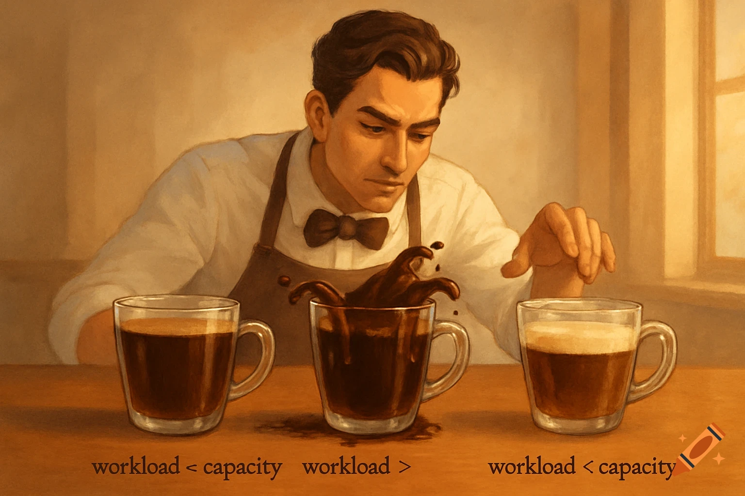A man in an apron looks at three coffee cups on a table. The first is under-full, the second is overflowing, and the third is under-full. Text labels are below each cup.