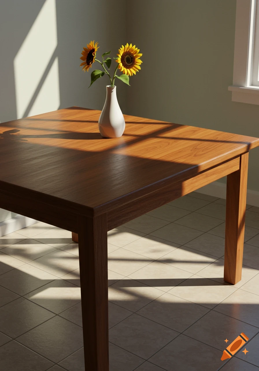 A photorealistic image of a wooden table with a white vase holding two sunflowers, bathed in sunbeams.