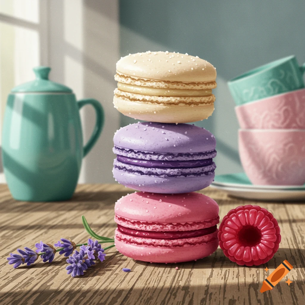 A stack of vanilla, lavender, and pink macarons on a wooden table with a raspberry and lavender sprigs, a teal teapot and stacked teacups in the background.