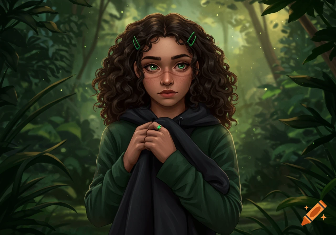 Digital painting of a young woman with dark curly hair, green eyes, wearing a green top and holding a black hoodie, standing in a lush forest.
