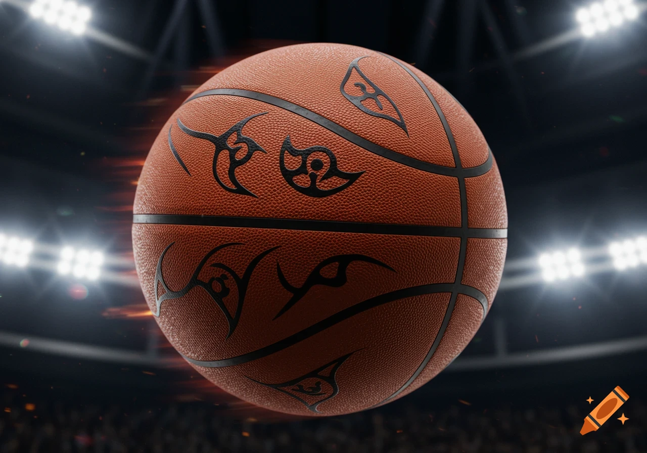 A close-up, high-quality shot of a basketball featuring black tribal-like designs inspired by the Sharingan, set against a blurred dark background with bright stadium lights.