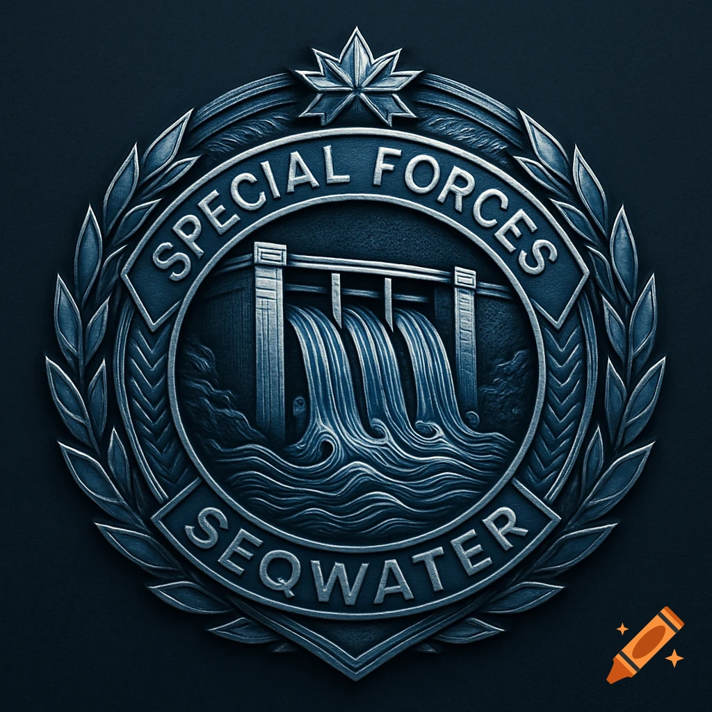A stylized, metallic blue and silver badge or emblem featuring a dam with water flowing, encircled by the words "SPECIAL FORCES" and "SEQWATER" and a laurel wreath.
