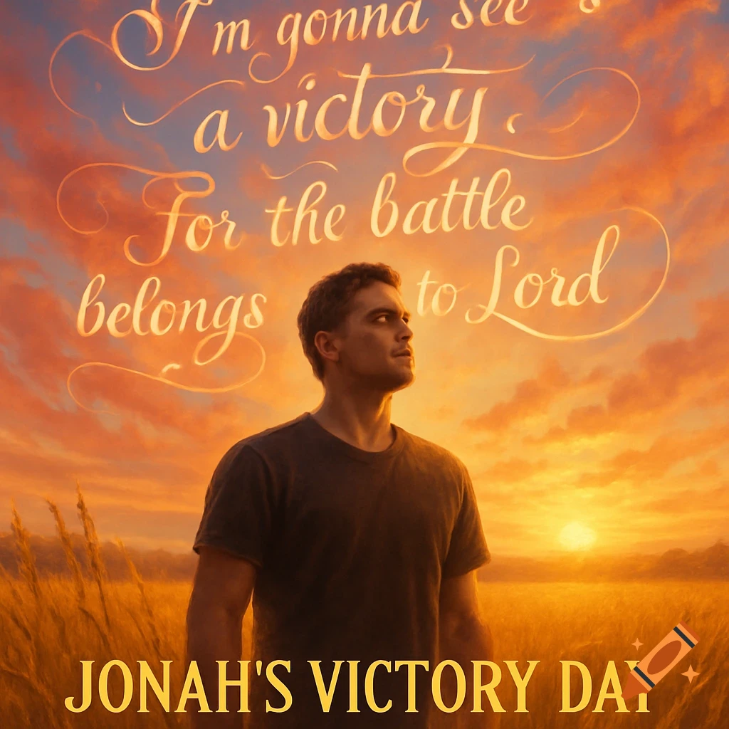 A man stands in a field of tall grass, looking up at a vibrant orange and blue sunset sky. "I'm gonna see a victory, For the battle belongs to Lord" is written in elegant script in the sky, and "JONAH'S VICTORY DAY" is at the bottom.