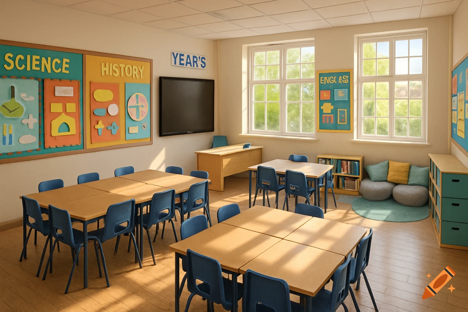 A bright, modern classroom with blue chairs and wooden tables. Boards on the walls display 'SCIENCE', 'HISTORY', and 'ENGLAS'. There are large windows, a digital screen, a teacher's desk, and a reading corner with a comfortable sofa.