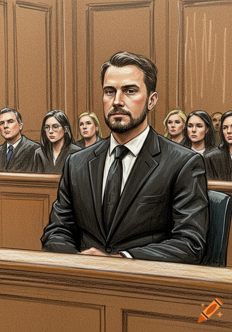 Courtroom sketch of a man in a black suit with a short beard, sitting in a courtroom with others.