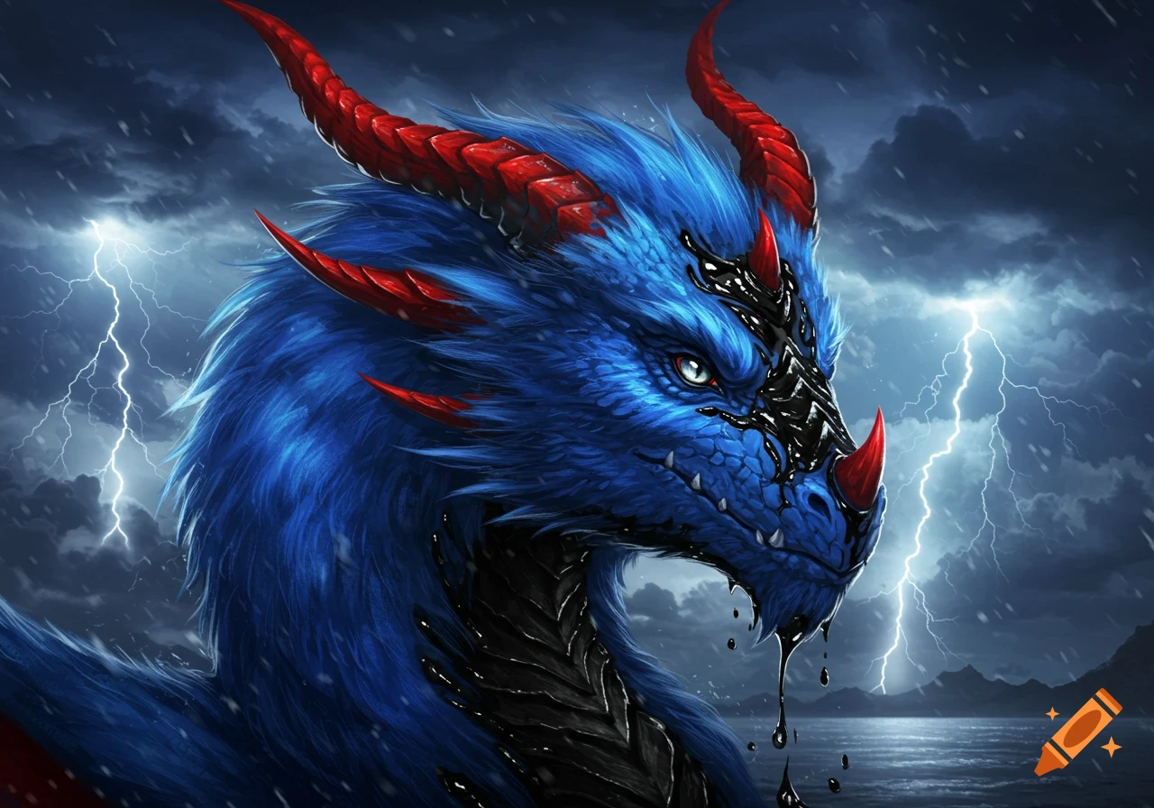 A fierce blue dragon with red horns and black liquid covering half its face, set against a stormy sky with lightning.