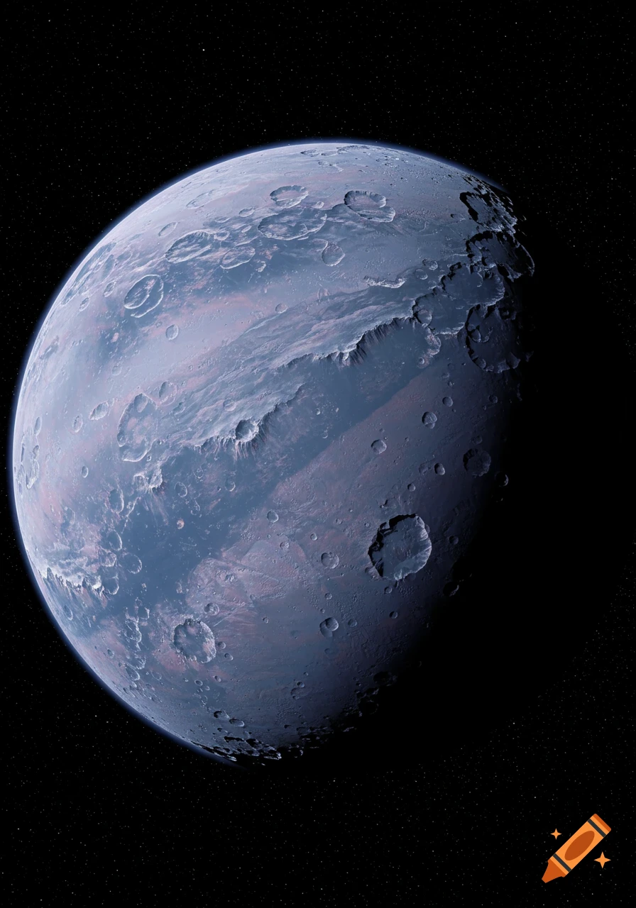 A detailed view of a purple and blue moon with numerous craters and ridges, against a dark starry sky.