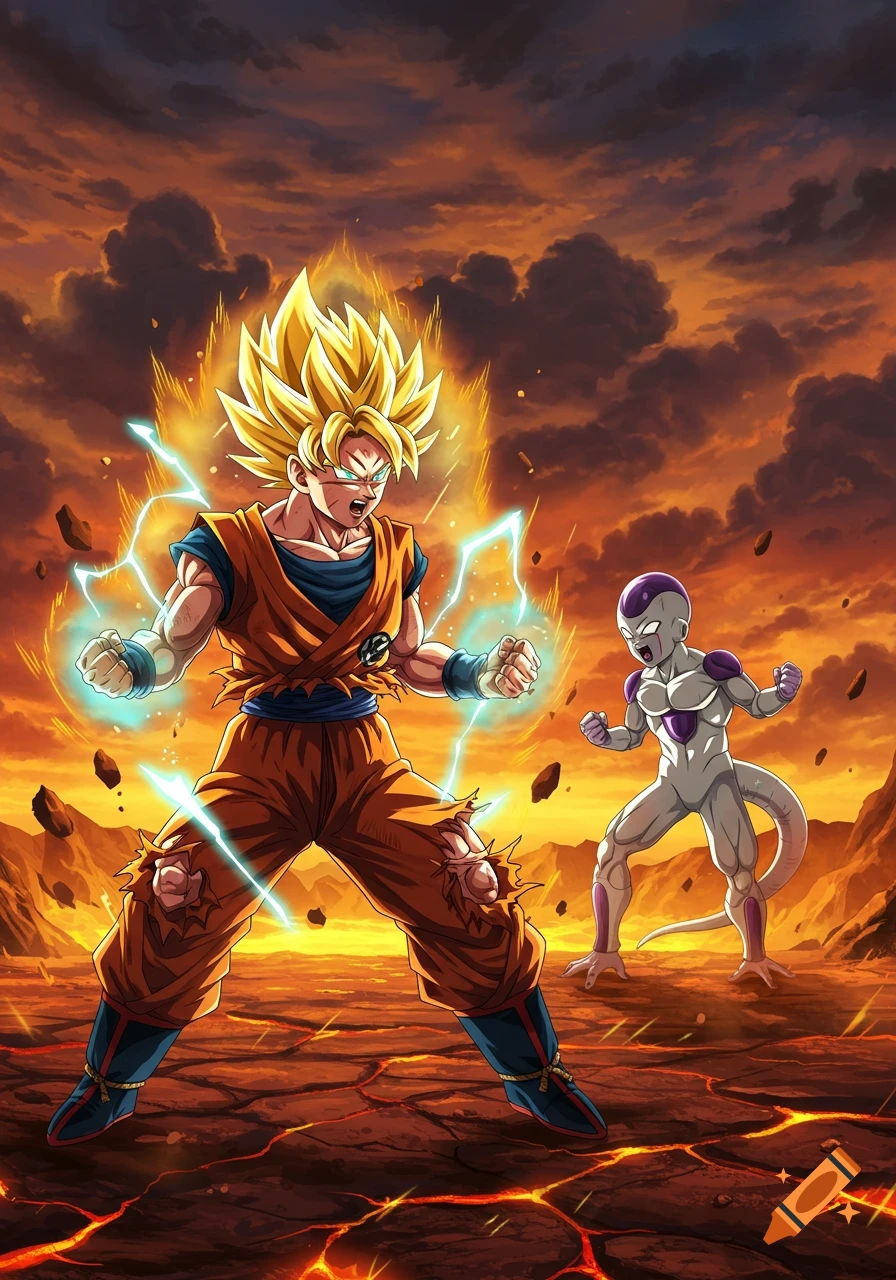 Super Saiyan Goku powers up with lightning, facing Frieza in a fiery, cracked landscape under a stormy sky, in anime style.