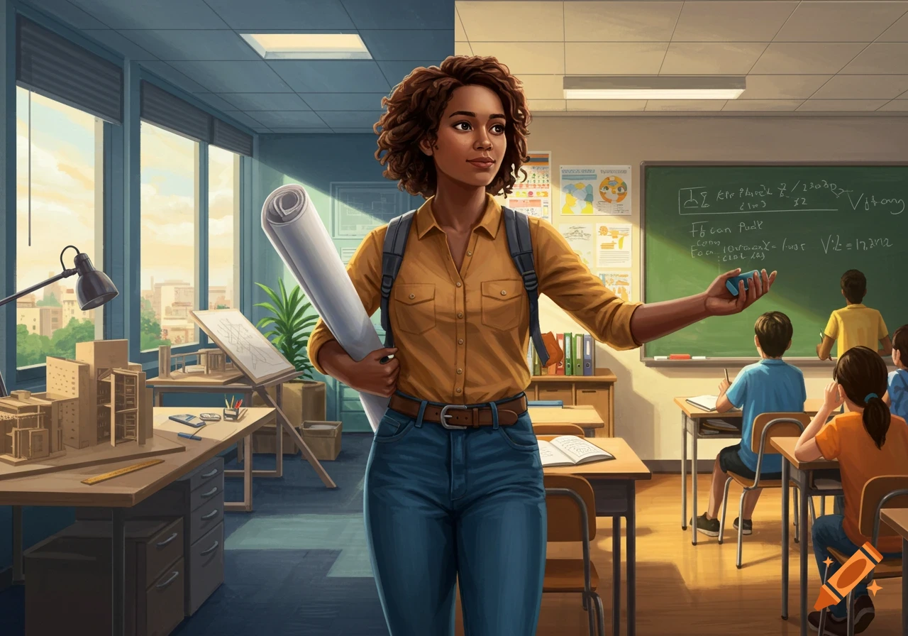 A woman stands in a split image, one side showing an engineering office, the other a classroom with students.