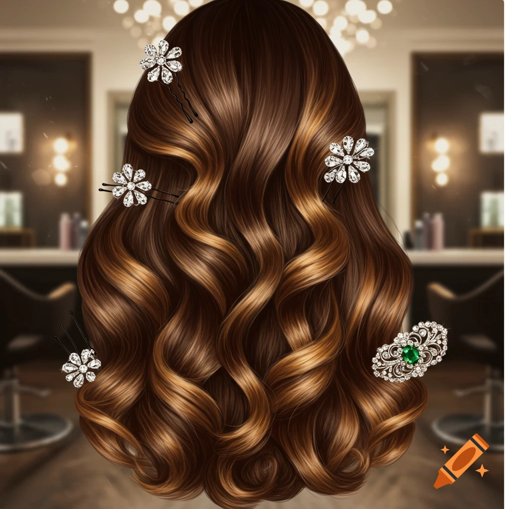 Back of a head with long, wavy brown hair styled with diamond and emerald hairpins, set in a softly lit salon.