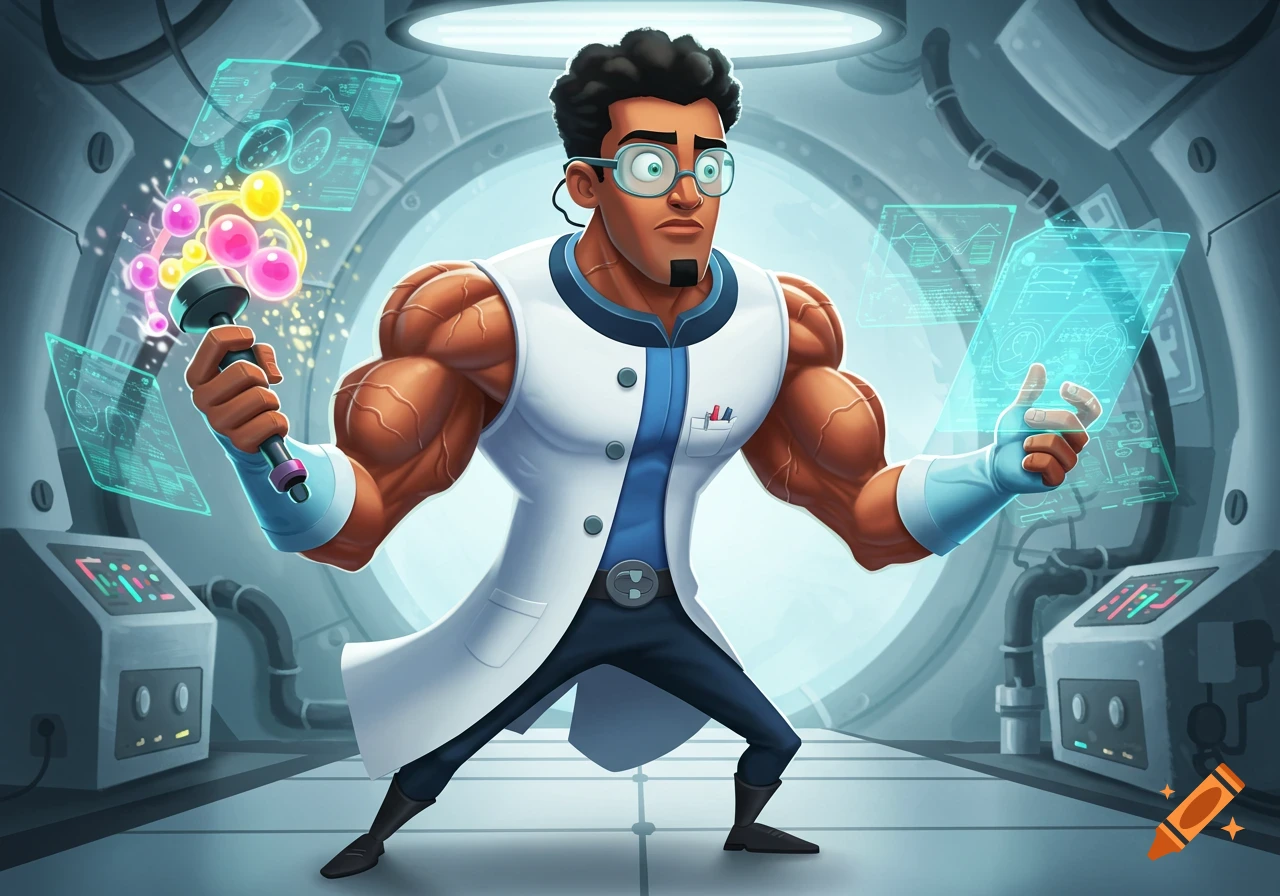 A muscular, cartoon-style scientist in a lab coat holds a device emitting colorful bubbles while interacting with a holographic screen in a futuristic lab.