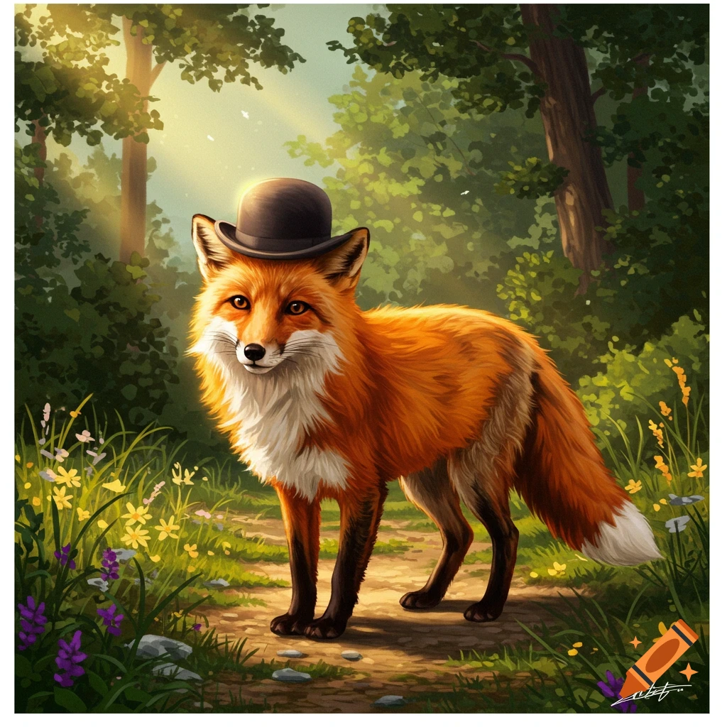 A whimsical red fox wearing a black bowler hat stands on a sunlit forest path amidst green trees and wildflowers in a digital painting.