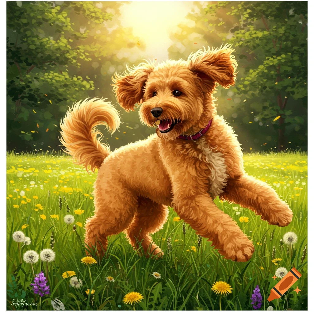 A happy golden doodle dog runs through a sunny green meadow filled with yellow and white wildflowers.