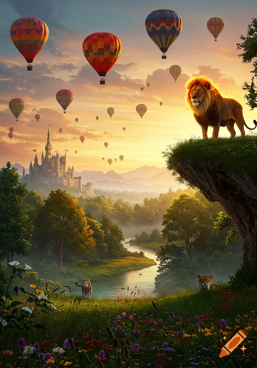 A majestic lion stands on a cliff overlooking a magical landscape with a castle, river, and hot air balloons at sunset. Other big cats are near the river.