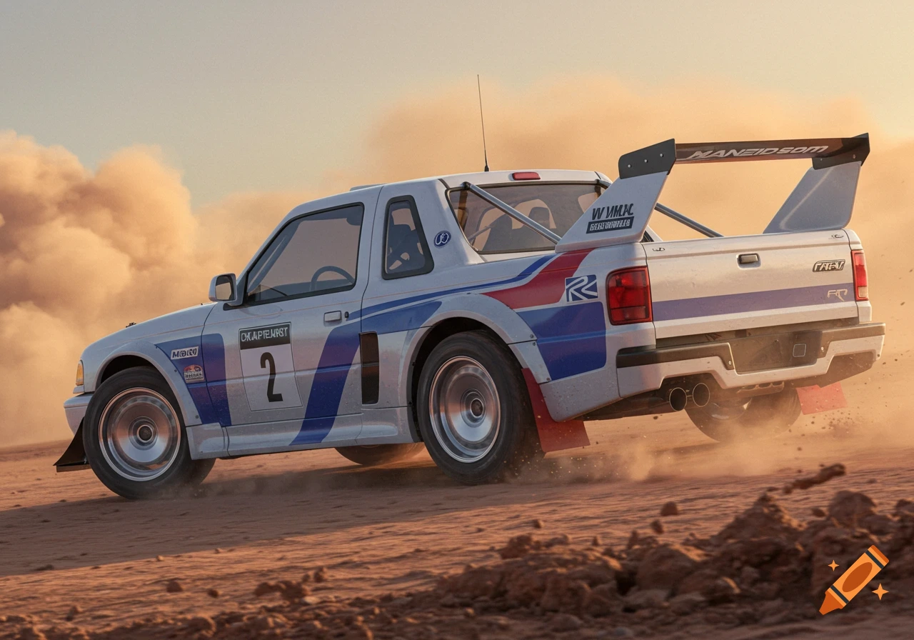 A white and blue rally pickup truck kicks up dust as it races through a dirt track at sunset.