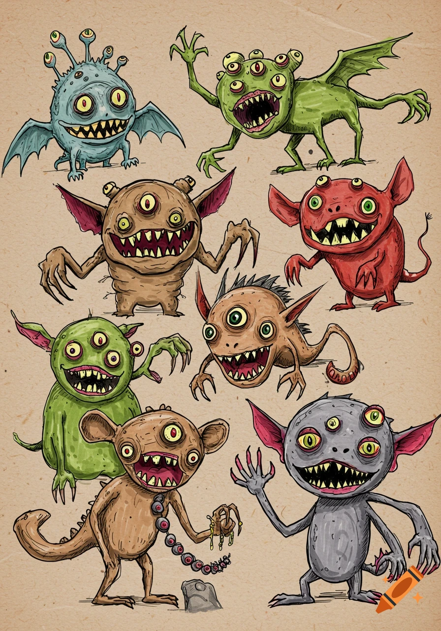A collection of colorful, cartoonish monsters with multiple eyes, sharp teeth, and claws, drawn in a naive, child-like style on a paper background.