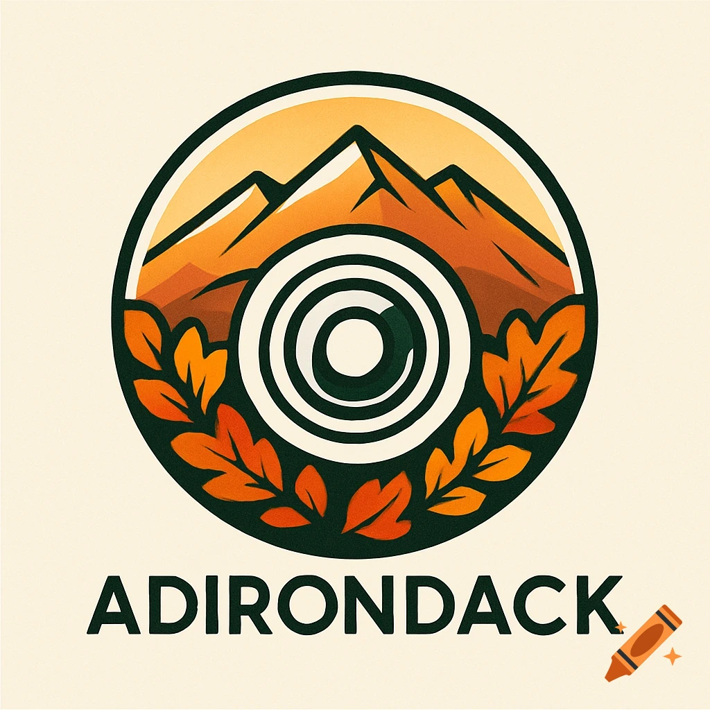 Circular logo with stylized orange mountains, green and orange autumn leaves, and a target symbol, with 'ADIRONDACK' text below.