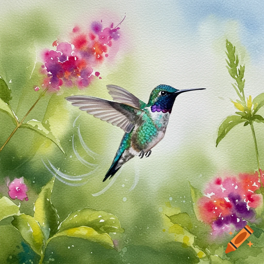 A watercolor painting of a hummingbird with iridescent green and blue feathers hovering amidst vibrant pink and red flowers and green foliage.