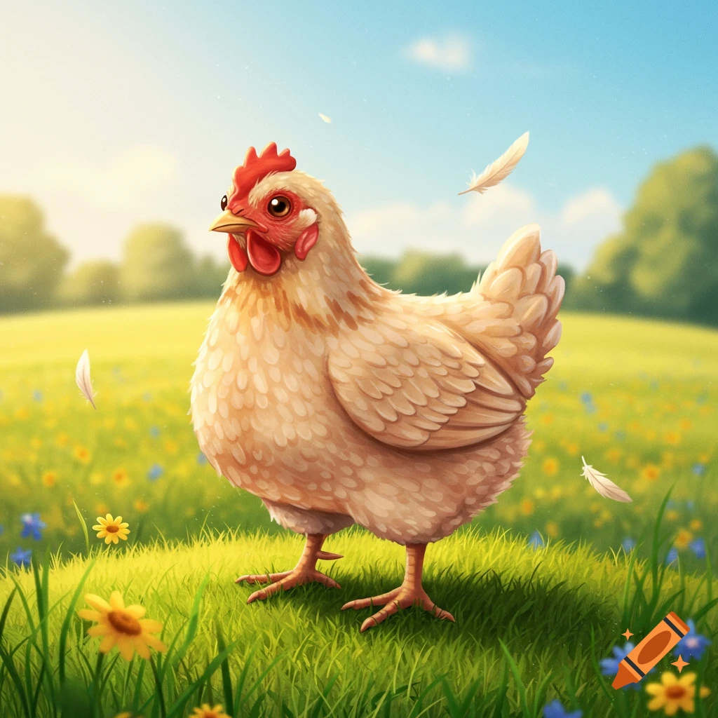 A stylized chicken stands in a bright green grassy field filled with small yellow and blue flowers under a clear blue sky.