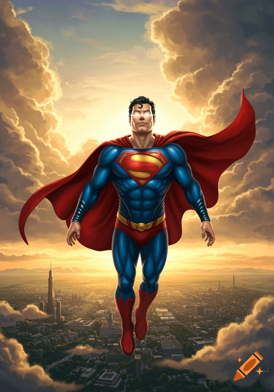 Superman in his iconic suit flying heroically above a city at sunset, surrounded by golden, dramatic clouds in a comic book style.