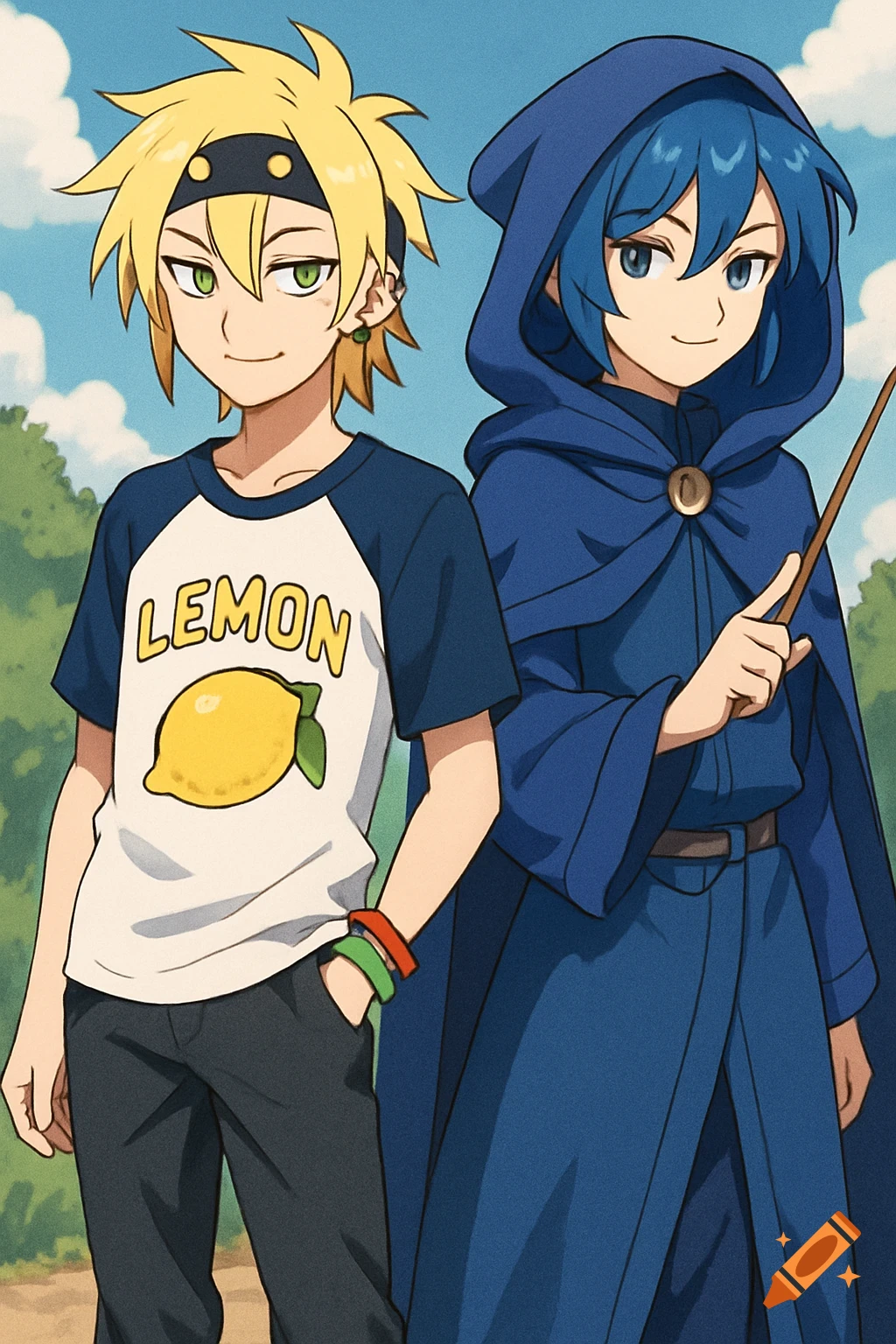 Two anime boys stand outdoors; one with yellow spiky hair wears a white and blue baseball shirt with "LEMON" and a lemon on it, next to a blue-haired boy in a hooded wizard robe holding a wand.