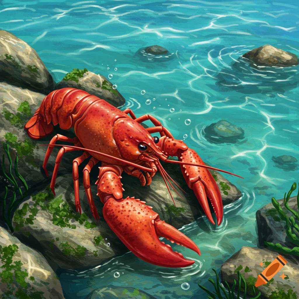 A vibrant red lobster with large claws crawls on mossy rocks by clear blue water with light reflections, illustrated in a detailed style.