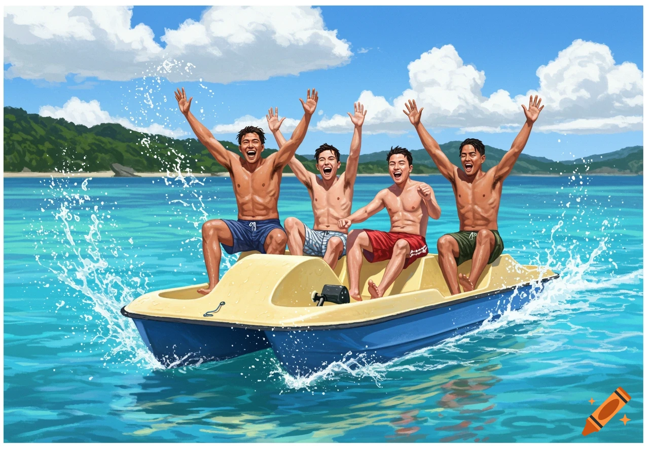 Four joyful men on a pedalo, raising hands as water splashes in the blue sea, tropical islands in background. Illustration.