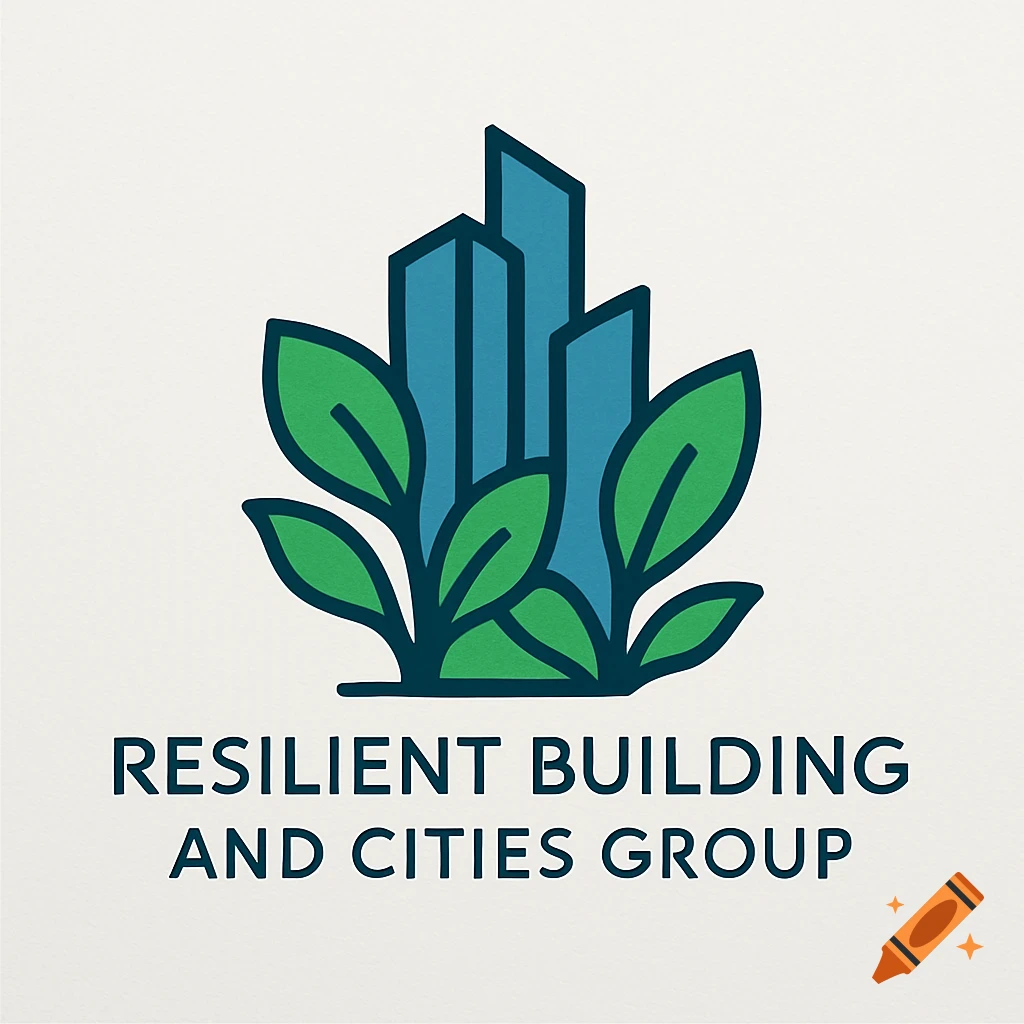 Logo for Resilient Building and Cities Group featuring stylized blue buildings and green leaves.
