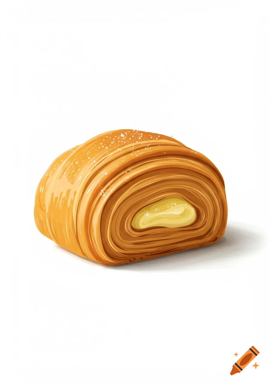 An illustrated golden-brown rolled pastry with a creamy light-yellow filling, dusted with sugar, on a white background.