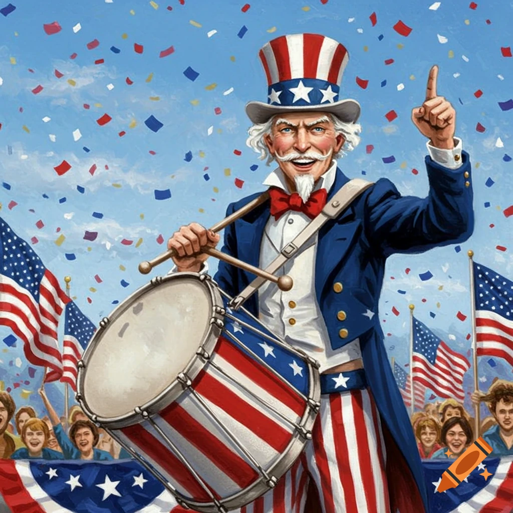Uncle Sam playing a drum in a patriotic celebration with American flags and confetti.