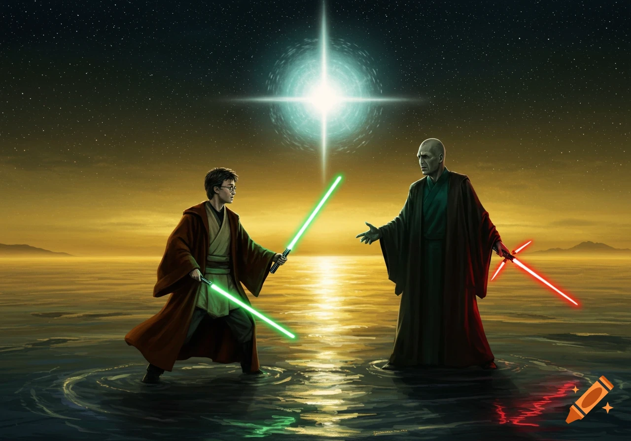 Harry Potter in Jedi robes with a green lightsaber facing Voldemort in Sith robes with a red lightsaber on a water planet under a starry sky.