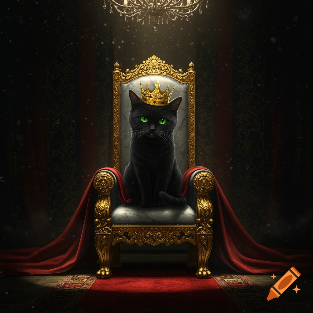 A black cat with luminous green eyes wears a gold crown while sitting on a grand, ornate golden throne in a dark, regal room.