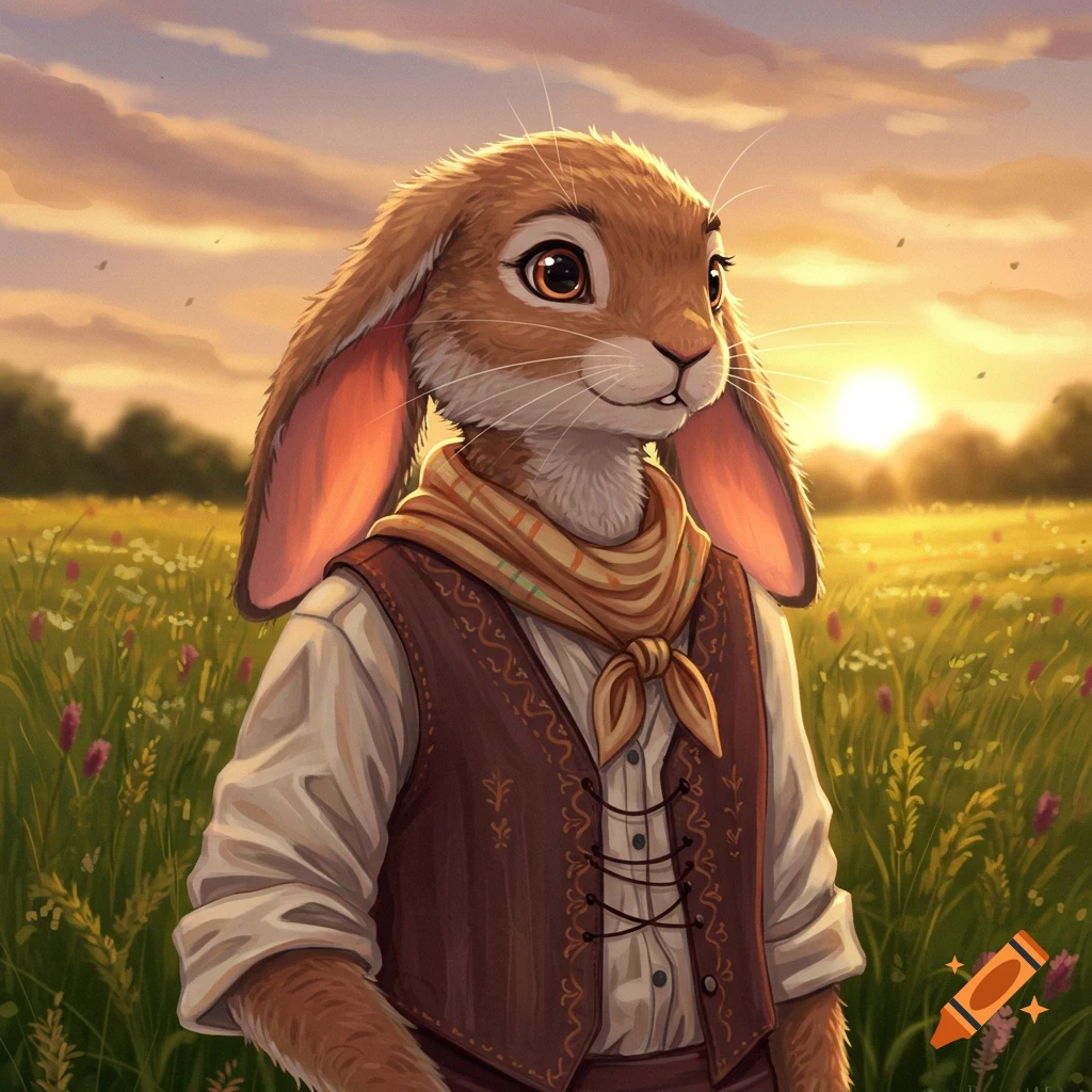 An anthropomorphic lop-eared rabbit in a white shirt, brown vest, and patterned scarf stands in a wildflower field at sunset, digital illustration.