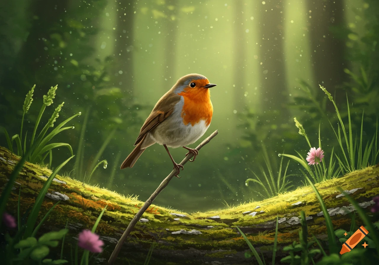 A colorful robin perches on a branch in a vibrant, sun-dappled forest, with green foliage and mossy logs.