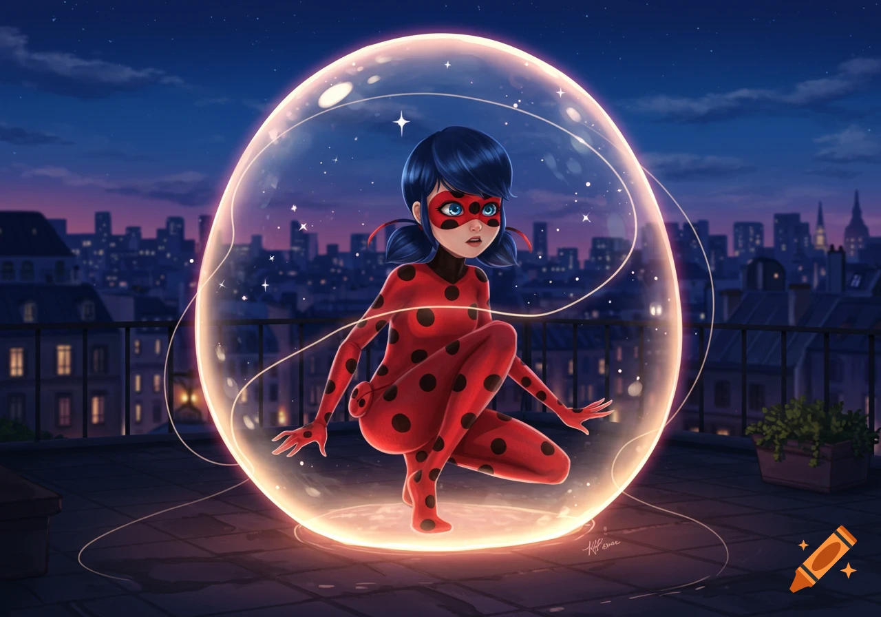 Ladybug from Miraculous Ladybug in a glowing force field on a rooftop at night, with a city skyline in the background.
