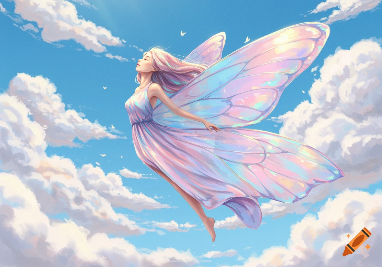 A serene woman with long, flowing pink hair and iridescent butterfly wings floats gracefully in a bright blue sky amidst fluffy white clouds, wearing a pastel dress.