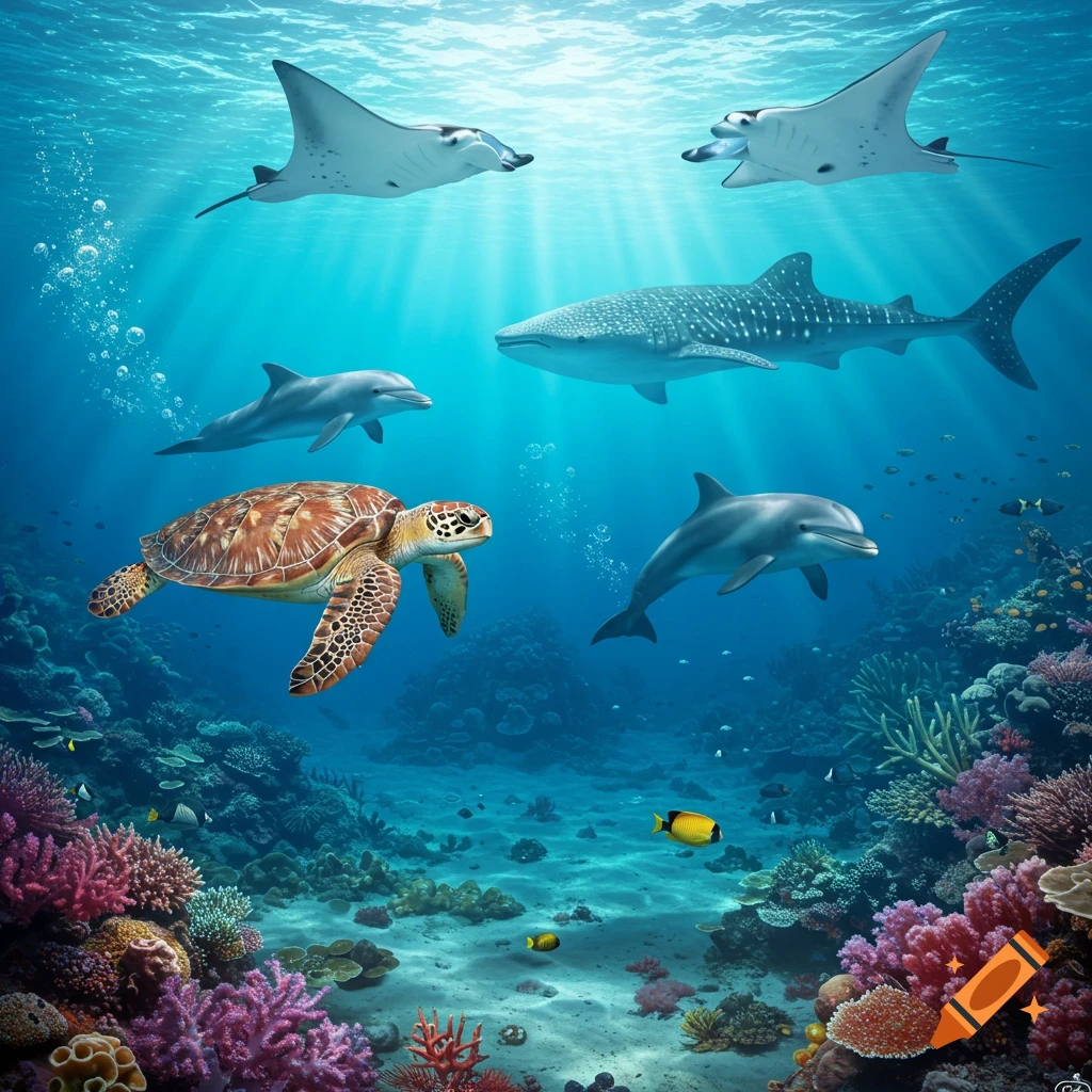 Photorealistic underwater scene with a sea turtle, two dolphins, two manta rays, and a whale shark swimming above a vibrant coral reef.