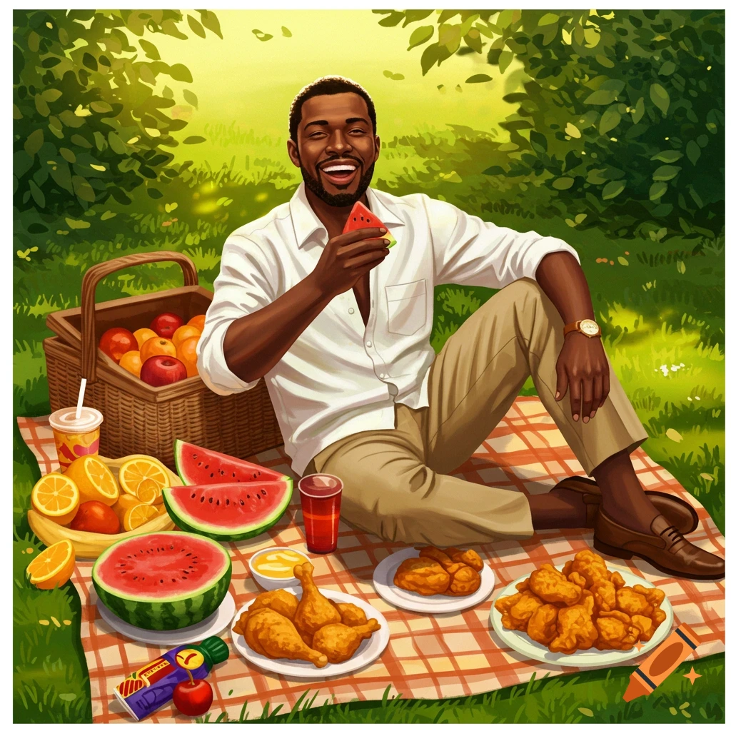 An illustration of a smiling Black man enjoying a picnic outdoors, eating watermelon with fried chicken, fruit, and drinks on a checkered blanket.