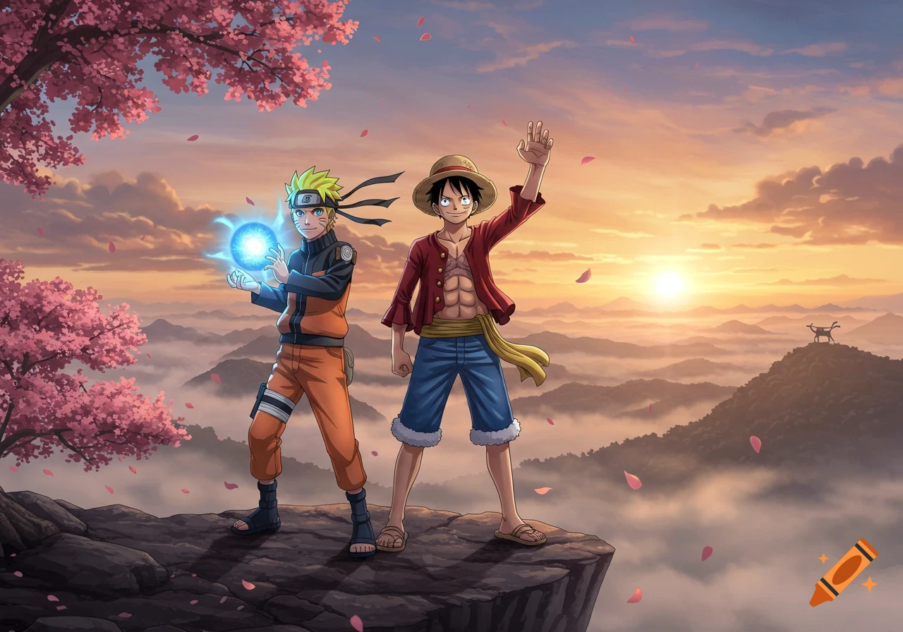 Naruto and Luffy stand on a cliff overlooking misty mountains at sunset, with cherry blossoms and falling petals.