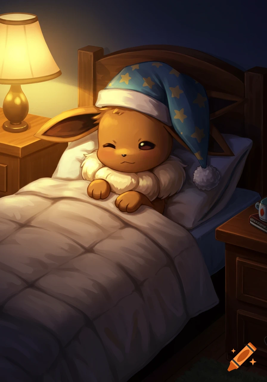 A cute Eevee from Pokemon sleeps peacefully in a bed wearing a blue nightcap under the warm glow of a bedside lamp.