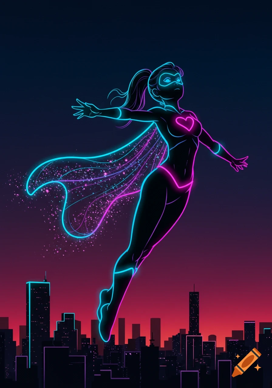 Neon outline illustration of a superhero girl flying over a city skyline at sunset.