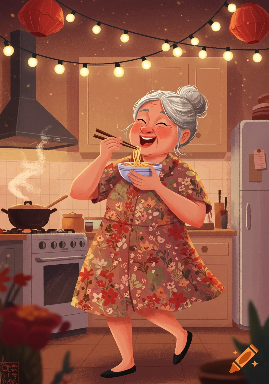 A happy grandma joyfully eating noodles with chopsticks in a warm kitchen decorated with string lights, in an illustrated style.